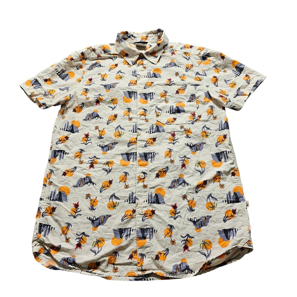 The North Face Short Sleeve Button Down Shirt Mens M Cream Orange Graphic Print